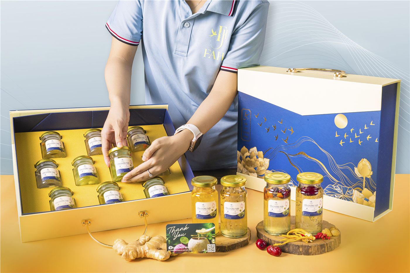 Set Vali biếu tặng cao cấp 10 hũ yến FaHa
